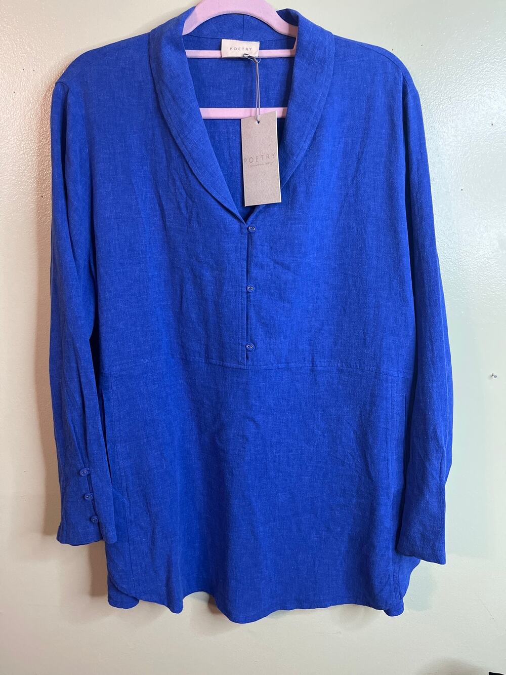 NWT POETRY Shawl-Collar Linen Blend Tunic Button Front 3/4 Sleeve Cuffs Size 14